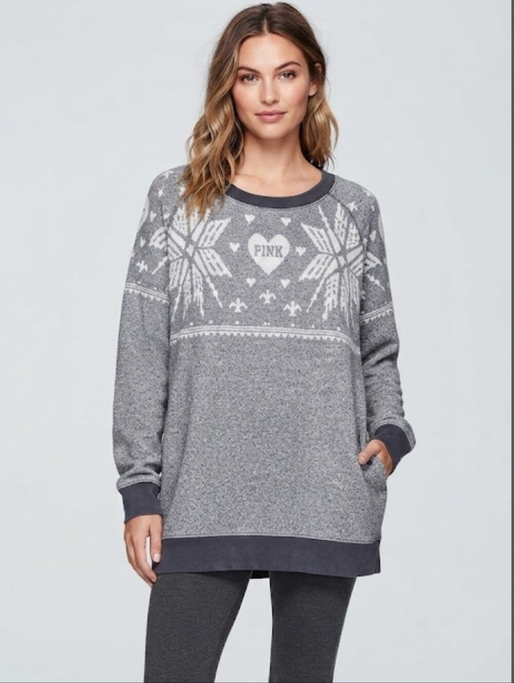 Victoria's Secret Pink Oversized Snowflake Sweater/Tunic Gray White Size Large